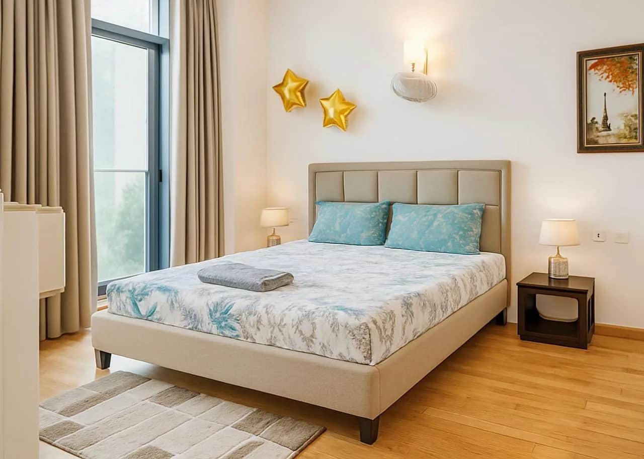 IREOグランドアーチ 2BHK マスターベッドルーム — キングサイズベッドとバルコニー付き（グルガオン）