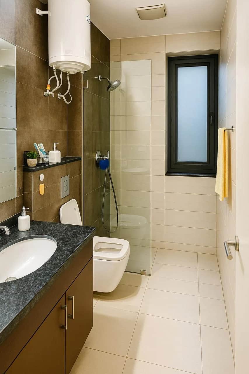 IREOグランドアーチ 2BHK バスルーム — ガラス張りシャワーブースとグラナイト洗面台（グルガオン）