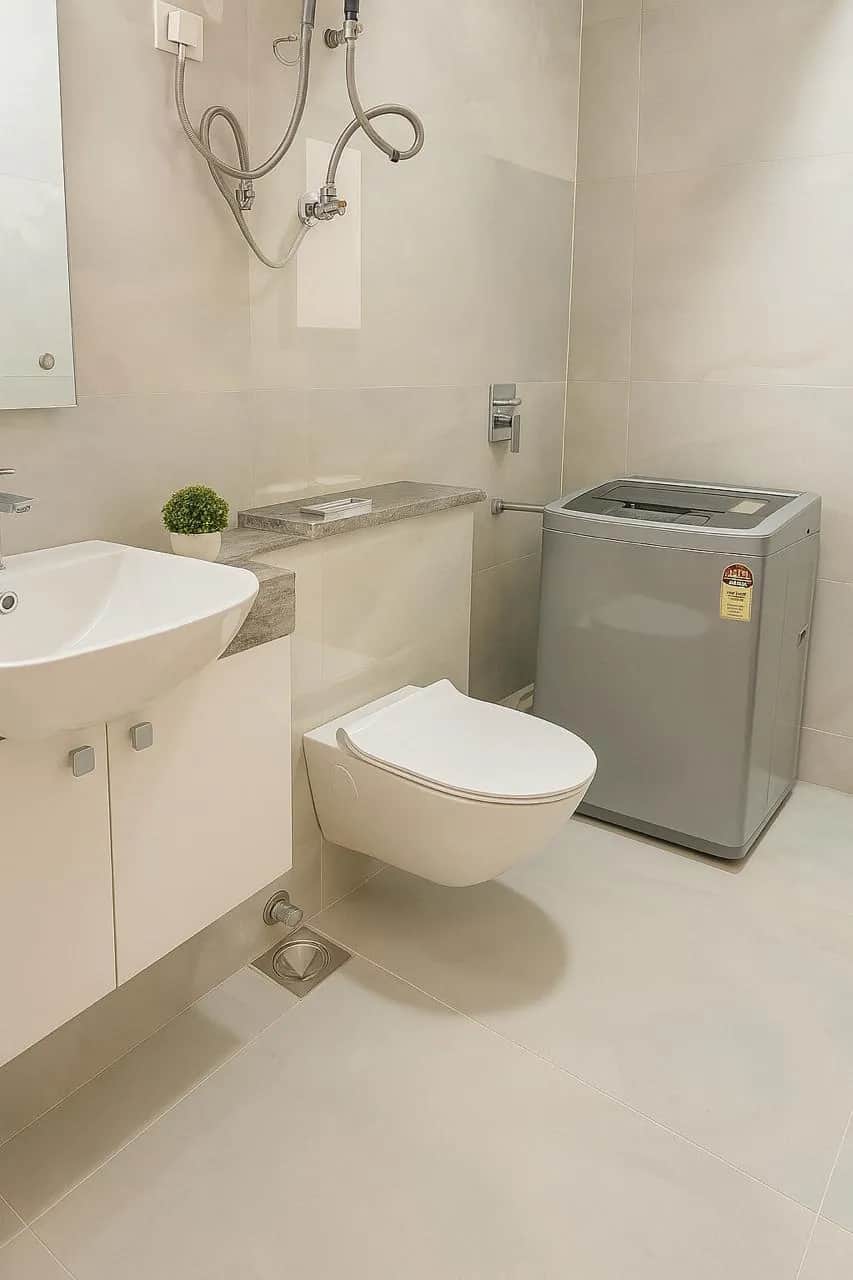 M3Mハイツ 2BHK バスルーム — 洗濯機と壁掛けトイレ付き（グルガオン セクター65）